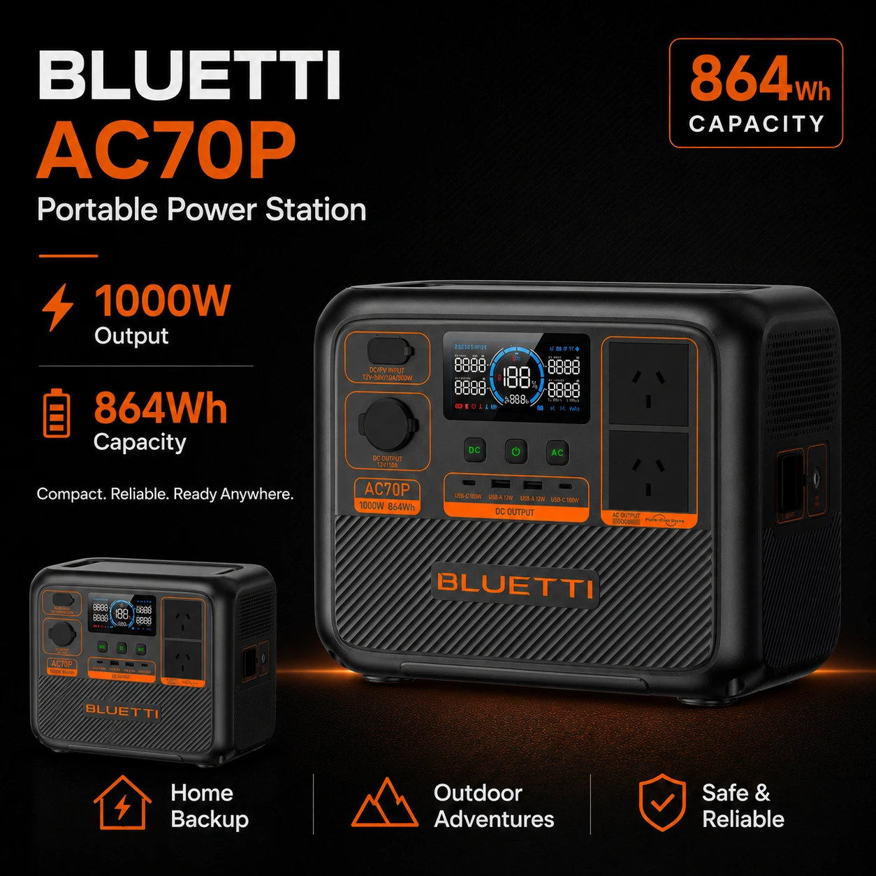 BLUETTI AC70P Portable Power Station | 1000W 864Wh