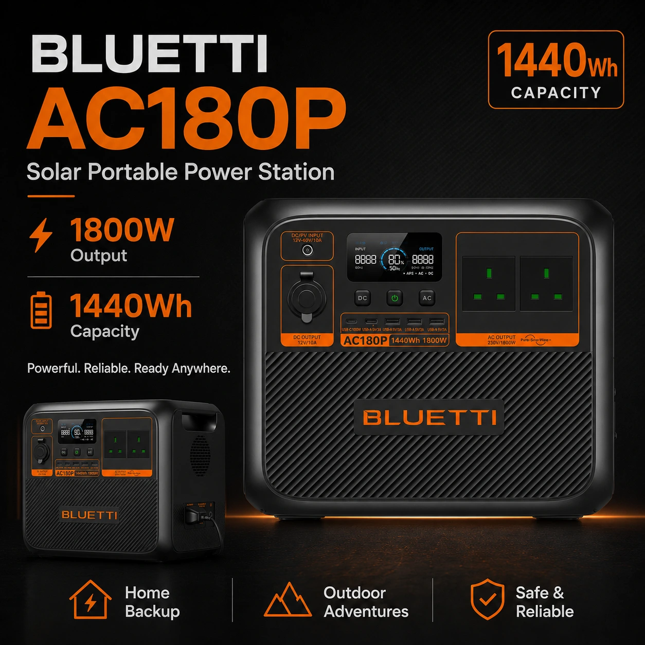 BLUETTI AC180P Solar Portable Power Station | 1,800W 1,440Wh