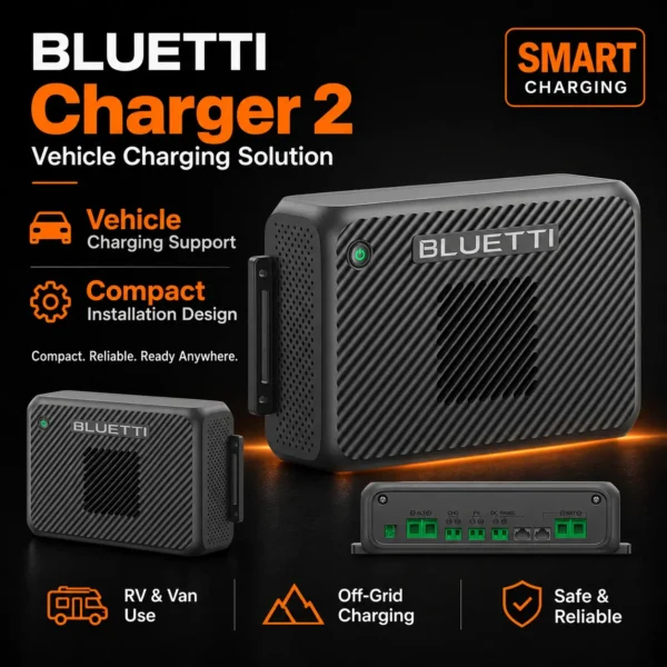 BLUETTI Charger 2 product graphic showing the charger and connector panel