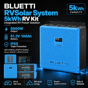 BLUETTI RV solar system product graphic with power unit and system components