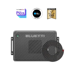 BLUETTI Charger 2 and cable beneath product award badges