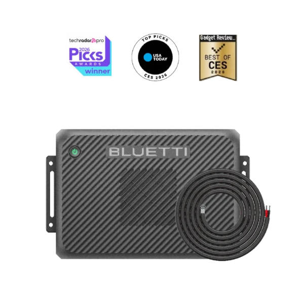 BLUETTI Charger 2 and cable beneath product award badges