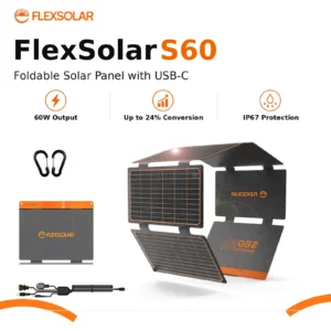 FlexSolar S60 foldable solar panel shown open and folded with accessories