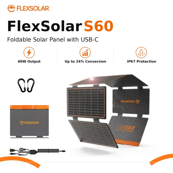 FlexSolar S60 foldable solar panel shown open and folded with accessories