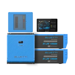 BLUETTI RV solar power system components with batteries, control screen and electrical panel
