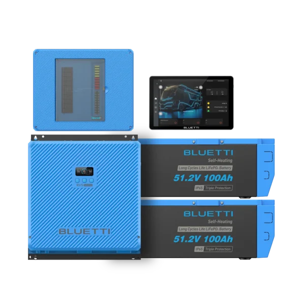 BLUETTI RV solar power system components with batteries, control screen and electrical panel