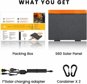 FlexSolar S60 package contents: folded solar panel, charging adapter and two carabiners