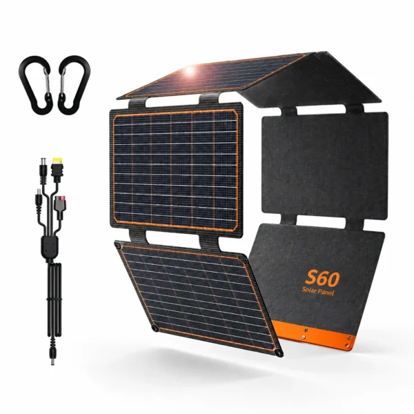 FlexSolar S60 foldable solar panel with charging cable and two carabiners
