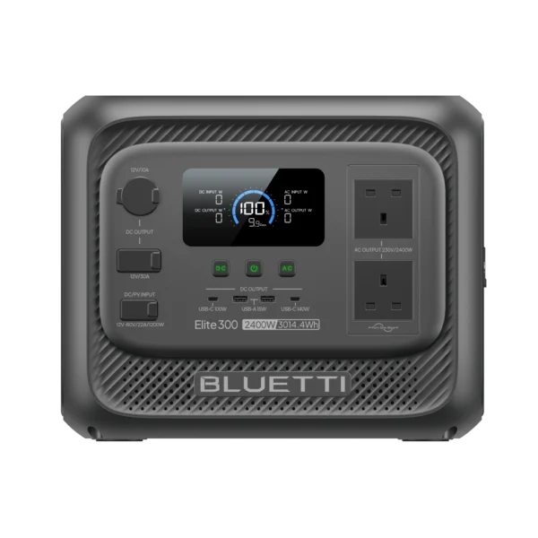 BLUETTI Elite 300 portable power station, front view with UK AC sockets